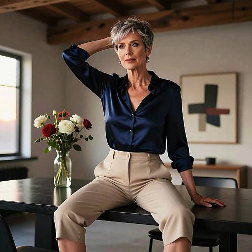 Photograph of an older woman with short gray hair, wearing a navy blouse and beige pants, sitting on a black table in a modern, brightly lit