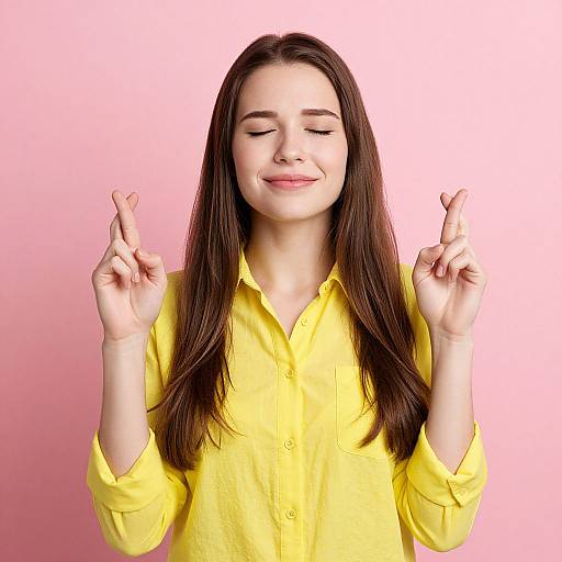 Photograph of a smiling young woman with closed eyes, long brown hair, wearing a yellow button-up shirt, making two peace signs against a pink gradient