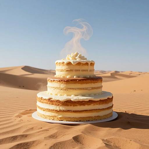 Photograph of a three-tiered, vanilla cake with white frosting, slightly smoking, standing in a sunlit, sandy desert under a clear blue sky