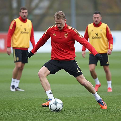 Photograph of three male soccer players in red and yellow training kits, black shorts, and orange cleats, practicing on a grass field, with one