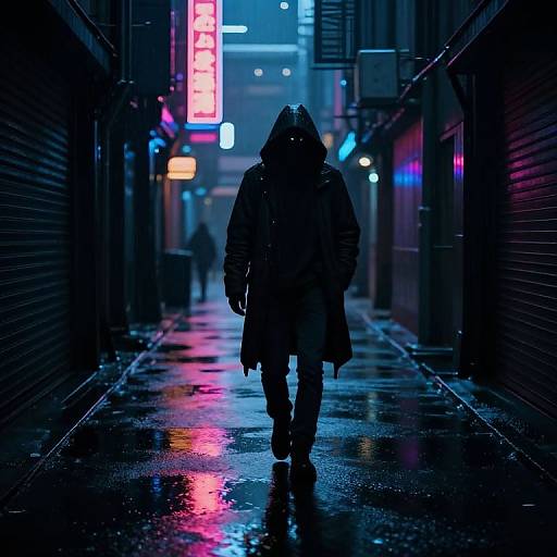 Silhouetted figure in a hooded coat walks down a neon-lit, rain-soaked urban alley at night, with vibrant blue and pink