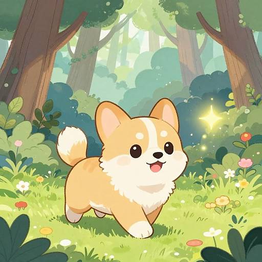 Playful Manga Puppy in Mystical Forest