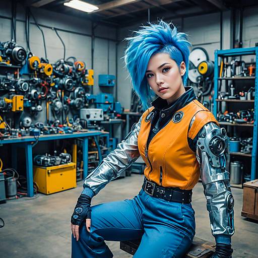 Futuristic Mechanic with Blue Hair in Workshop