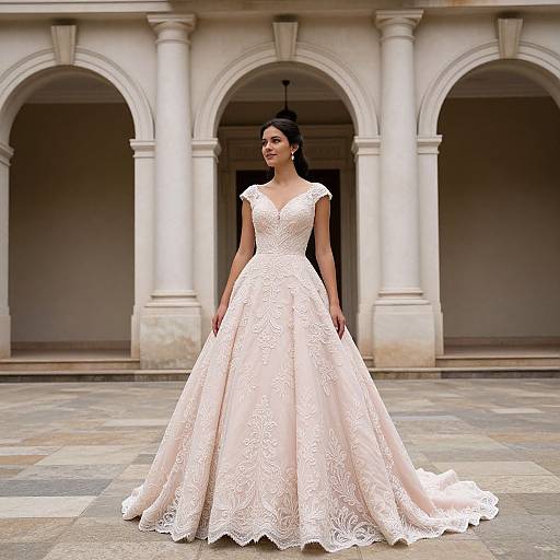 Photograph of a smiling woman in a white, lace, V-neck, ball-gown wedding dress, standing in an archway courtyard with stone flooring