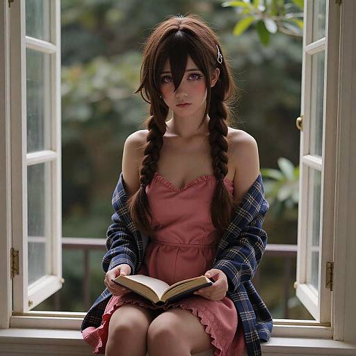 Photograph of a young woman with long brown hair in braids, wearing a pink dress and blue plaid shirt, reading a book in a sun