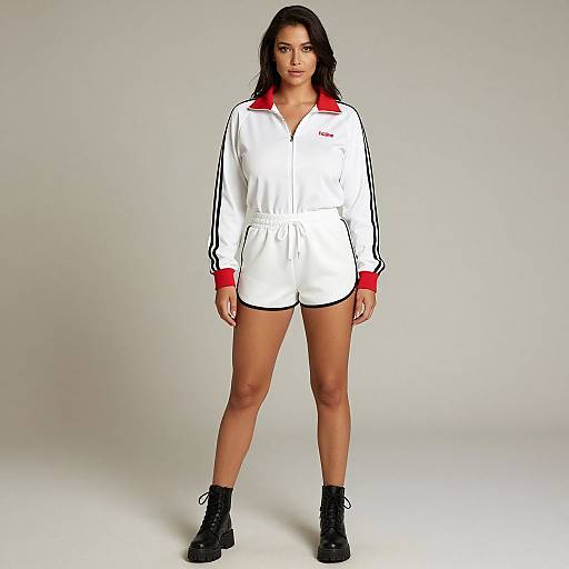Photograph of a dark-haired woman in a white, long-sleeved, zip-up tracksuit with red accents and black stripes, black boots,