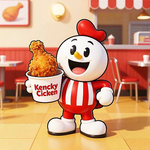 3D animated chicken character with red and white striped suit, red beret, holding Kenley Chicken bucket of fried chicken, standing in bright, retro