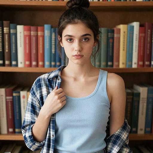 Serious Young Woman Among Colorful Books