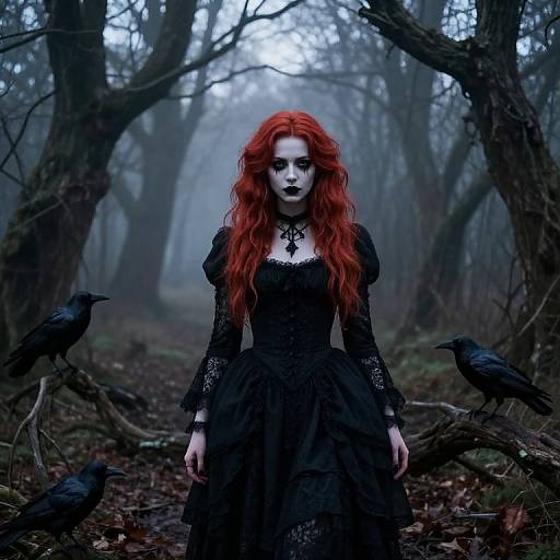 Photograph of a pale, gothic woman with long red hair, wearing a black lace dress, surrounded by crows in a misty, dark