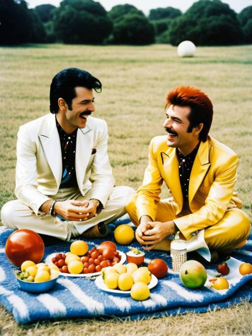 Two Men Sharing a Picnic in Colorful Suits