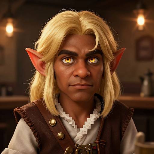CGI image of a serious, dark-skinned elf with long blonde hair, pointed ears, yellow eyes, wearing a brown vest over a white shirt