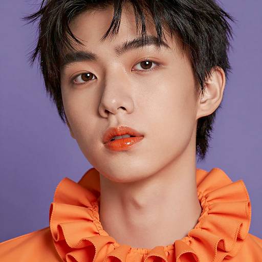 Portrait of Young Person with Orange Glossy Lipstick