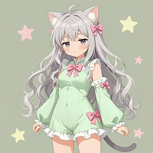 Digital anime drawing of a silver-haired, cat-eared girl in a green, frilled romper with pink bows, standing against a green background with