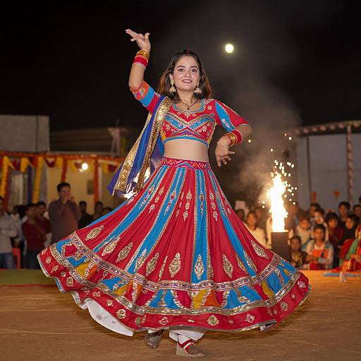 Photograph of a smiling young woman in a vibrant red and blue traditional Indian dance outfit, performing under night lights with a sparkler in the background.
