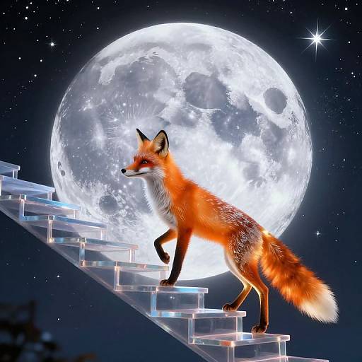 Digital artwork of an orange fox with white-tipped tail and black legs, walking on transparent stairs under a bright full moon and starry night sky.