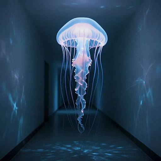 Photograph of a glowing blue jellyfish in a dark, narrow hallway, casting ethereal light on the walls and floor.
