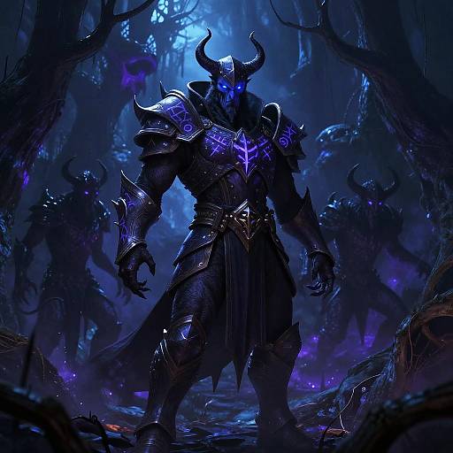 Digital artwork of a dark, imposing demon warrior with glowing blue horns and armor, standing in a mystical, blue-lit forest.