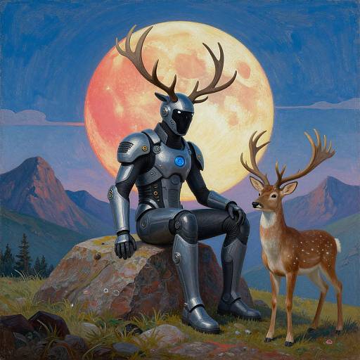 Digital painting of a robotic deer-man with antlers, sitting on a rock, gazing at a standing deer, under a glowing full moon, with