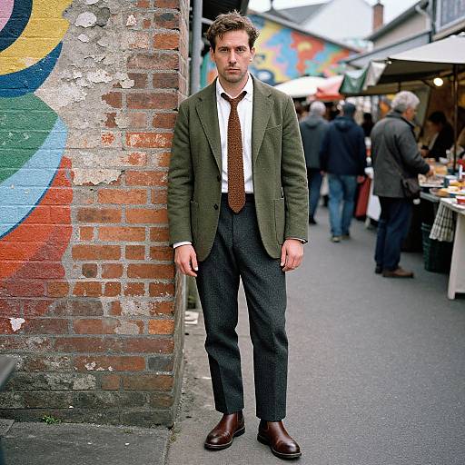 Photograph of a man in an olive blazer, white shirt, brown tie, and gray trousers, standing against a graffiti-covered brick wall in a