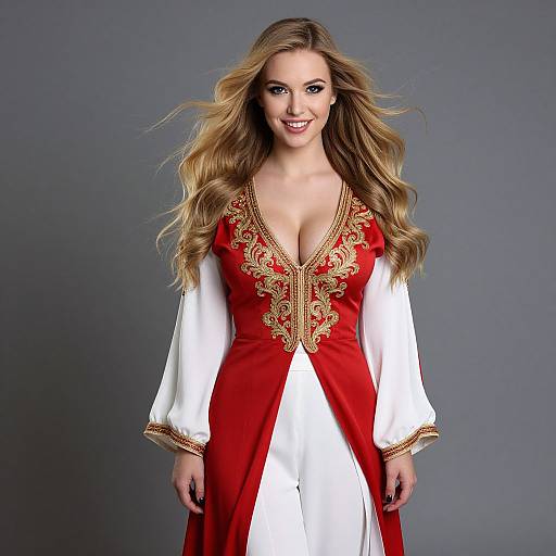 Photograph of a smiling woman with long, wavy blonde hair wearing a red and white medieval-style dress with gold embroidery.