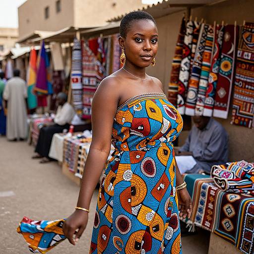 Photograph of a confident Black woman in a colorful, strapless, African-patterned dress, holding a matching fabric, standing in a vibrant market stall