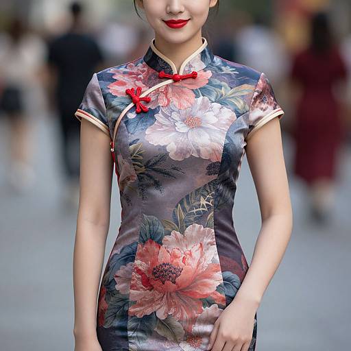 Photograph of an Asian woman with fair skin, red lipstick, wearing a floral-patterned, form-fitting cheongsam with red bow, standing