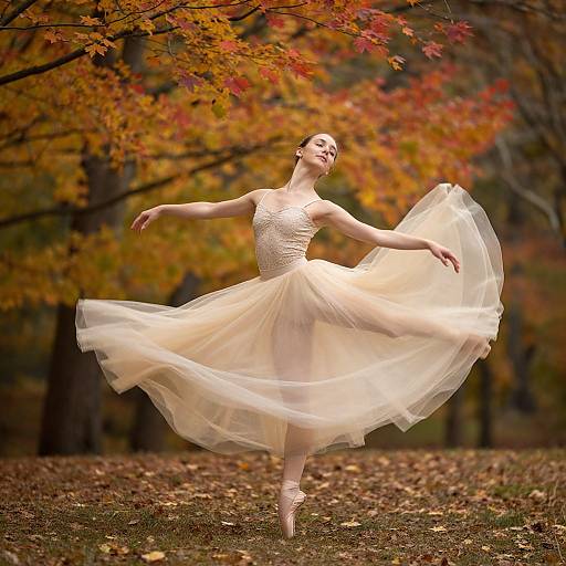 Photograph of a pale-skinned ballerina in a white, lace bodice tutu, dancing gracefully in an autumn forest with vibrant red and