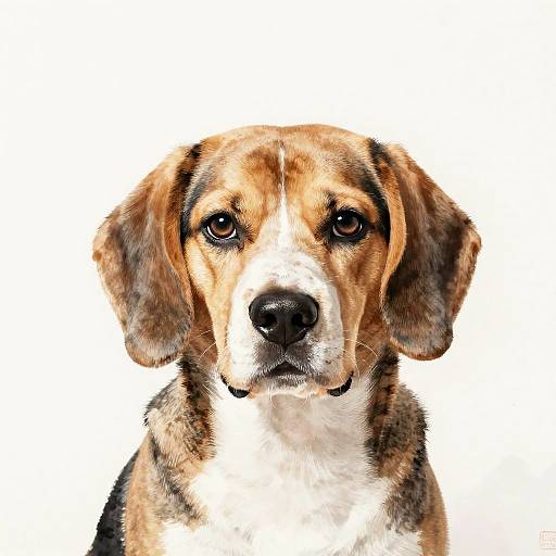 Close-up photograph of a Beagle with brown, black, and white fur, looking directly at the camera with soulful, dark eyes. White background