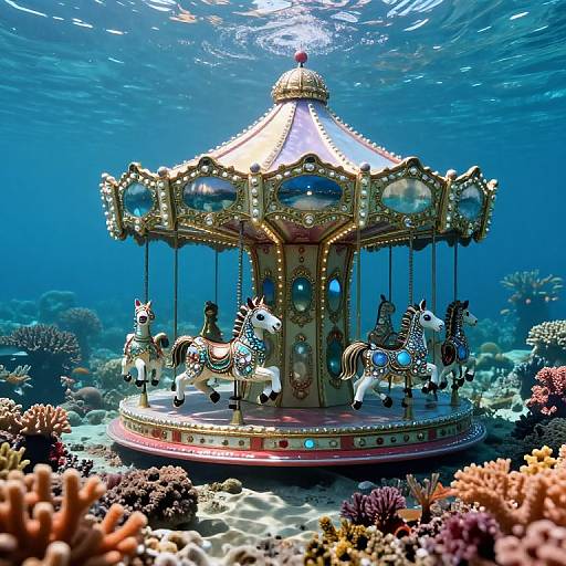 Photograph of an underwater scene featuring a vintage, ornate carousel with zebra-drawn horses, surrounded by colorful coral reefs and clear blue water.