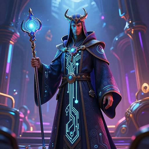 Digital artwork of a powerful, horned mage in a glowing blue robe, holding a radiant staff, in a futuristic, neon-lit cathedral.