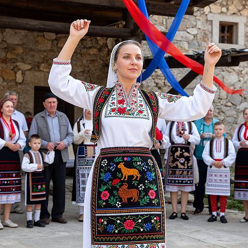 Photograph of a woman in traditional white blouse and embroidered black apron, raising arms, surrounded by villagers in similar attire, stone building background, red