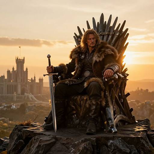 Photograph of a rugged man with long hair, wearing fur cloak and leather, sitting on Iron Throne at sunset with castle in background. Holding sword,