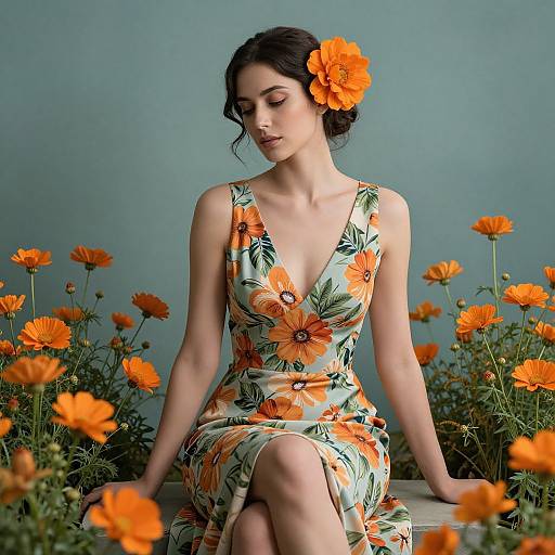 Elegant Woman Among Vibrant Orange Flowers