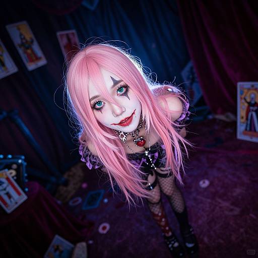 Photograph of a pink-haired woman with white face paint, black lipstick, and gothic attire, leaning forward in a dimly lit room with posters
