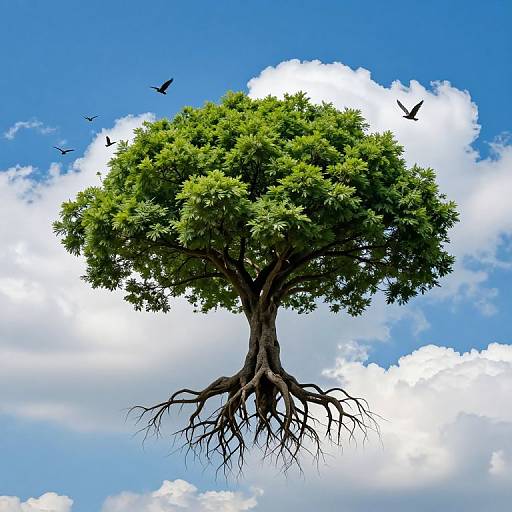 Inverted Tree Among Clouds and Birds