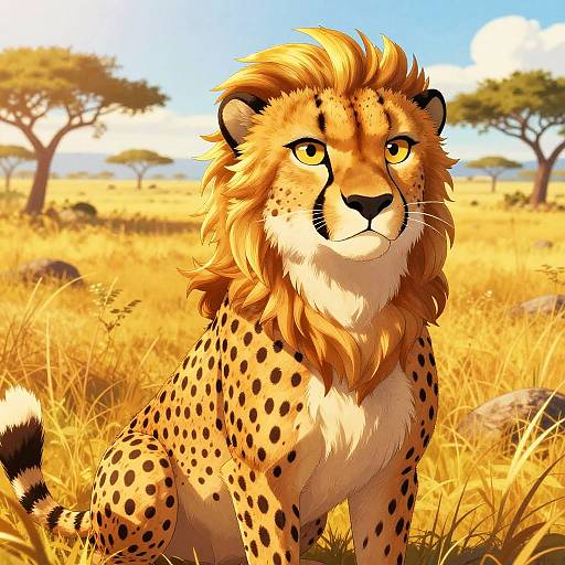 Digital illustration of a majestic male cheetah with a golden mane, yellow eyes, and black spots, sitting in a sunlit savanna with tall