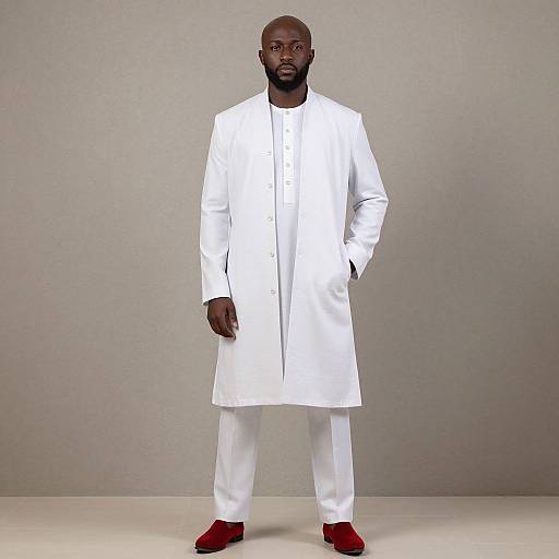 Photograph of a tall, dark-skinned man with a beard, wearing a white long coat, white pants, and red shoes, standing against a