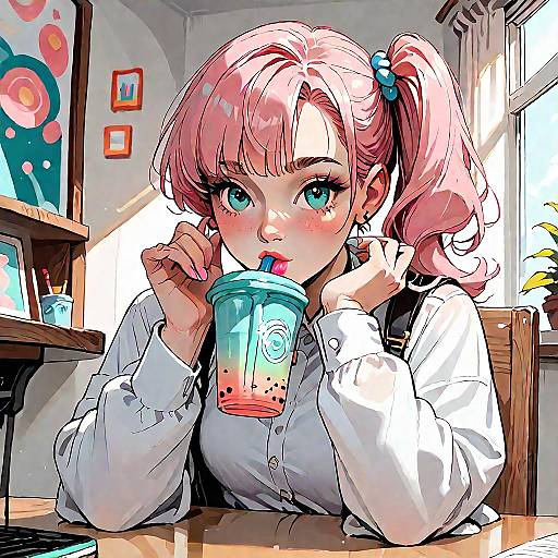 Pink-Haired Girl Drinking Bubble Tea
