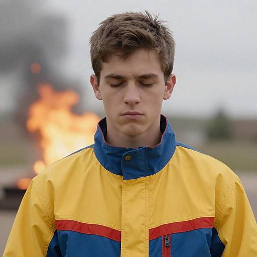 Young Man with Serious Expression and Fireball Background