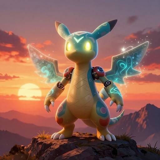 CGI digital art of a glowing, blue dragon-like creature with neon wings and intricate patterns, standing on a rocky peak at sunset.