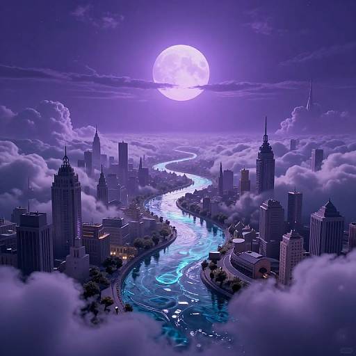 Digital art of a cityscape at night, with a glowing full moon, illuminated river, and skyscrapers surrounded by clouds.
