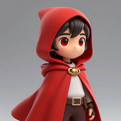Chibi-style digital illustration of a young boy with black hair and red eyes, wearing a red hooded cape with a gold clasp, white shirt