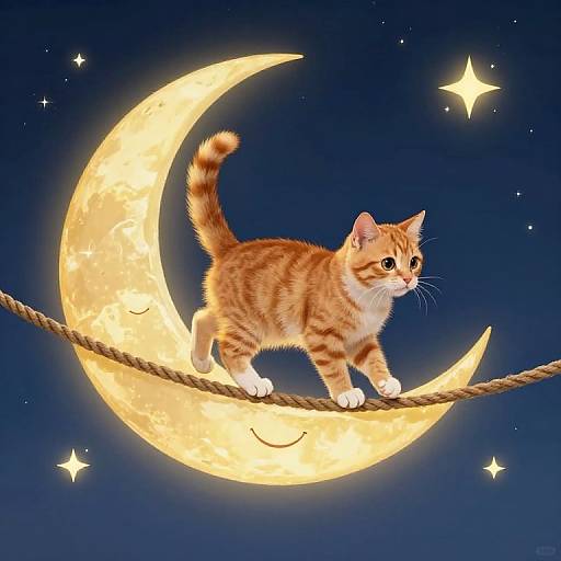 Digital illustration of a cute, orange tabby kitten with white paws and a striped tail, standing on a rope against a glowing yellow crescent moon