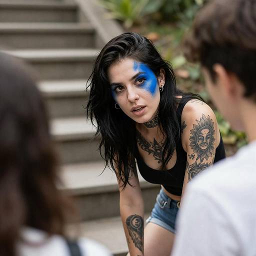 Tattooed Woman with Blue Face Paint Talking Outdoors