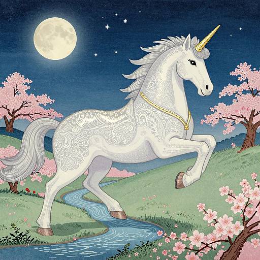 Digital illustration of a white unicorn with intricate patterns, a golden horn, and necklace, galloping through a moonlit, cherry blossom-filled meadow