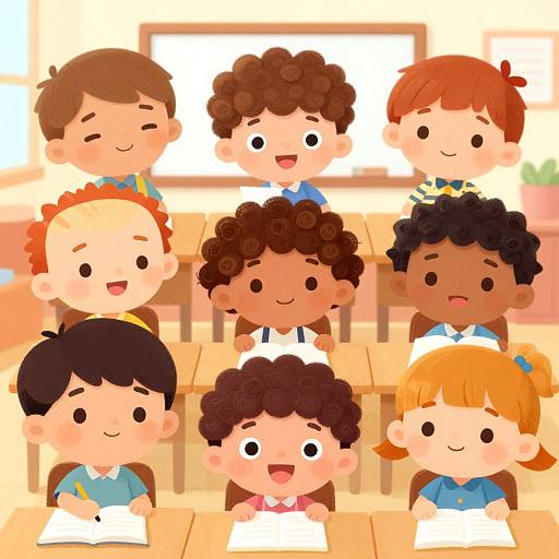 Cartoon illustration of diverse, smiling children with curly and straight hair, sitting in a classroom, holding books, colorful and cheerful.