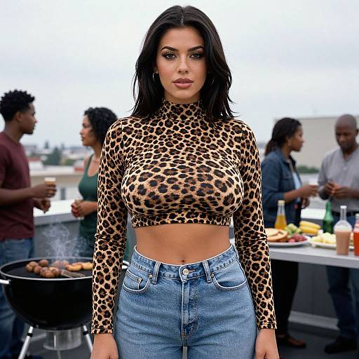 Woman in Leopard Crop Top at Rooftop BBQ