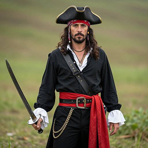 Photograph of a rugged, long-haired pirate with a black tricorn hat, white shirt, black coat, red sash, and sword, standing