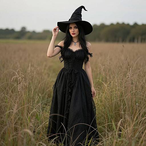Photograph of a pale-skinned woman with long black hair and red lipstick, wearing a black witch hat and dress, standing in a tall grass field