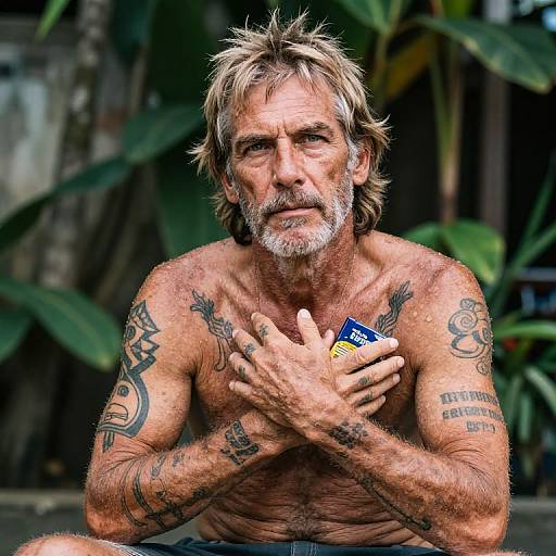 Tattooed, shirtless, middle-aged man with graying blonde hair and beard, holding a cigarette pack, seated outdoors among green plants.